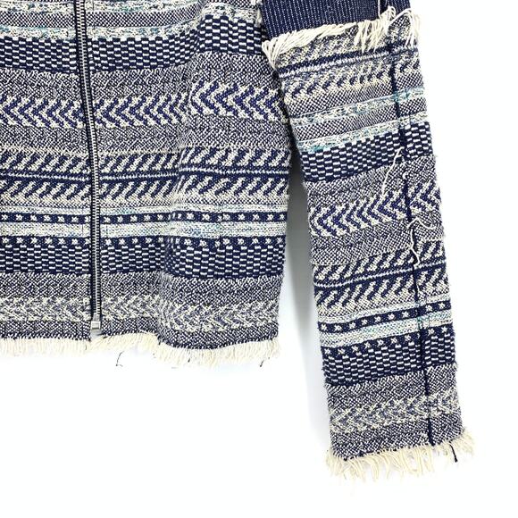 Club Monaco Full Zip Blazer Womens Size 4 Blue Cream Fringe Textured Striped - Picture 4 of 6